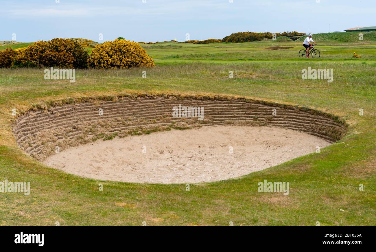 Man radelt am Bunker auf Old Course in St Andrews Scotland, Großbritannien während der Blockade von Covid-19, Schottland, Großbritannien Stockfoto