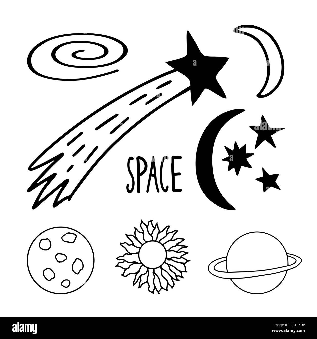 Set von niedlichen handgezeichneten Doodle Raum Elemente. Saturn Planet, Mond, Sonne, Komet, Spiralgalaxie. Isoliert auf weißem Hintergrund. Vektorgrafik. Stock Vektor