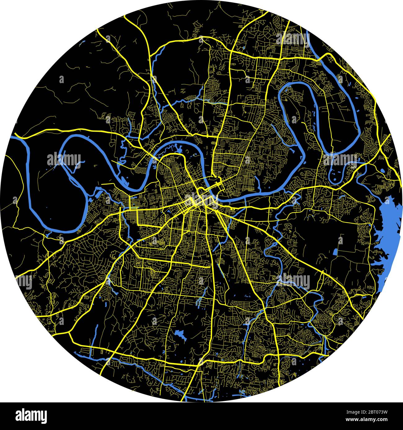 Nashville Vektorkarte rund mit Straßen und Flüssen auf schwarzem Hintergrund Stock Vektor