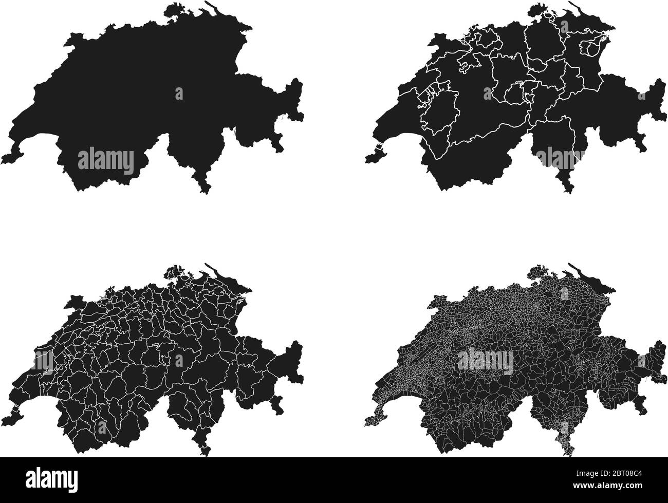 Schweiz Vektorkarten mit Verwaltungsregionen, Gemeinden, Departements, Grenzen Stock Vektor