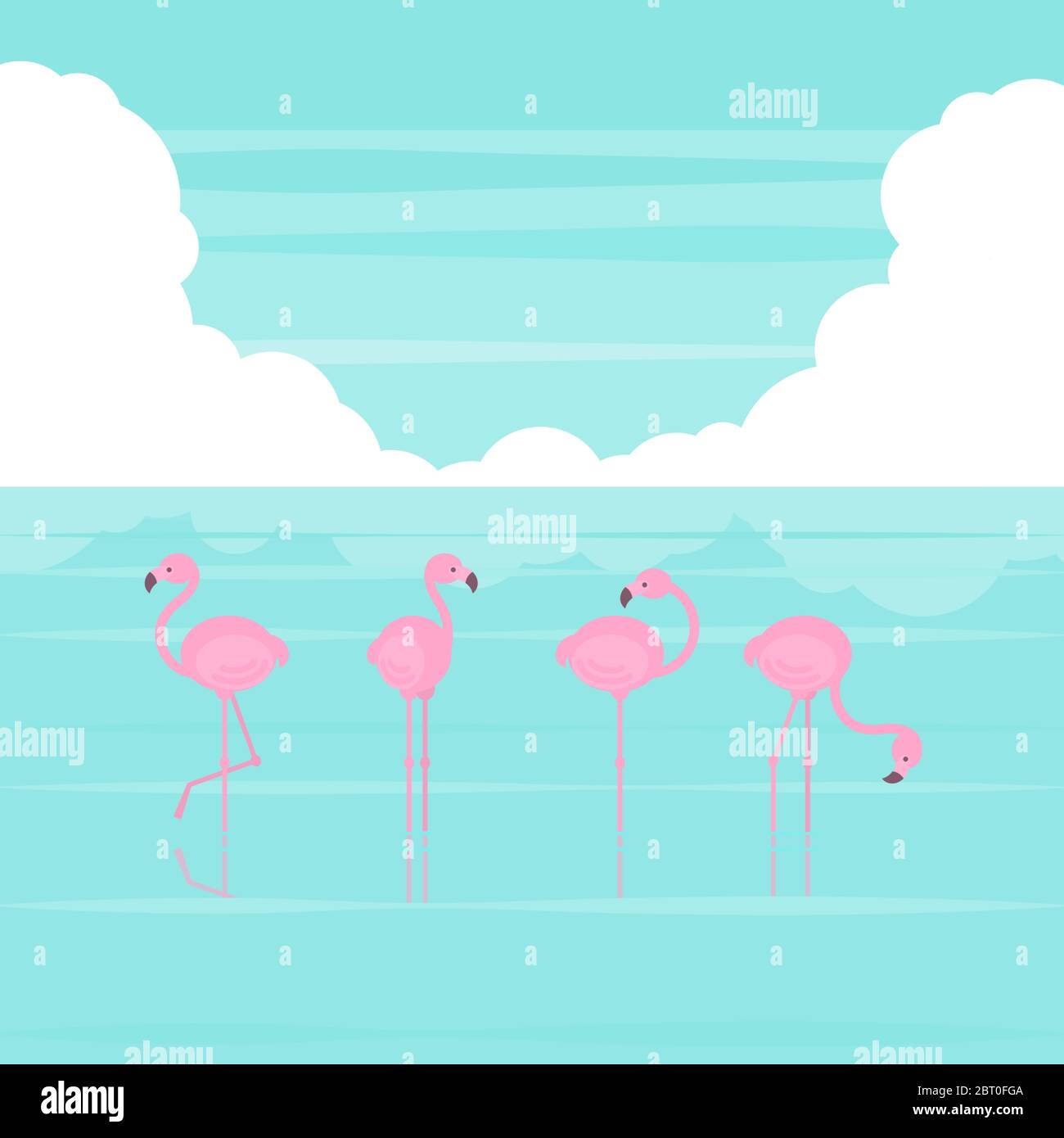 Rosa vereinfachte Flamingos stehen in mehreren Posen im Meerwasser und leuchtend blauen Himmel mit Wolke in flachen Cartoon-Stil Stock Vektor