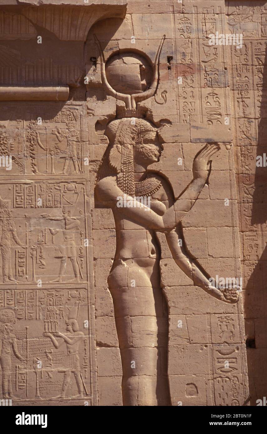 Tempel der Edfu Schnitzereien am Westufer des Nils in Edfu, Ägypten, Nordafrika Stockfoto
