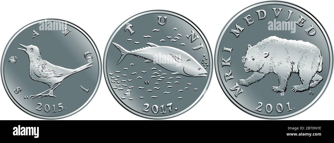 Satz kroatische 1, 2 und 5 Kuna Münzen mit Nachtigall, Thunfisch und Braunbär, offizielle Münzen in Kroatien Stock Vektor