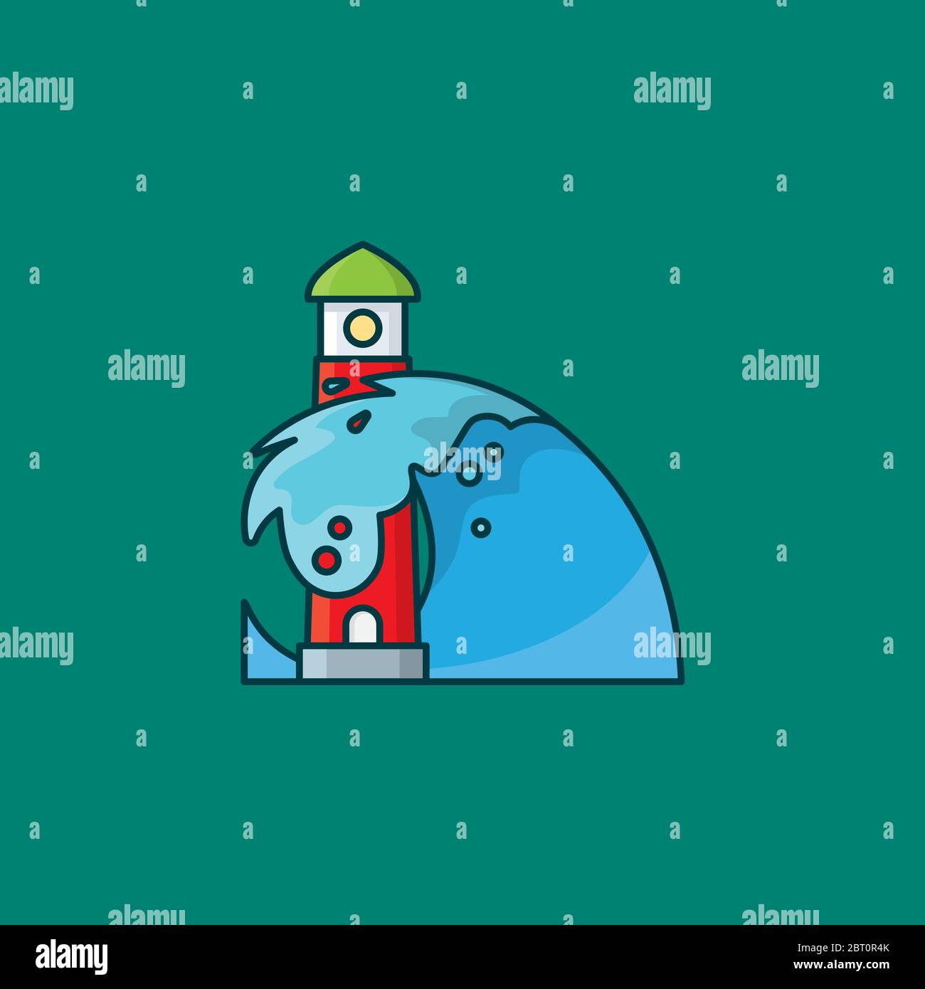 Große Welle stürzt am Leuchtturm Cartoon Vektor Illustration für den Welttag der Ozeane am 8. Juni. Symbol der Naturgewalt. Stock Vektor