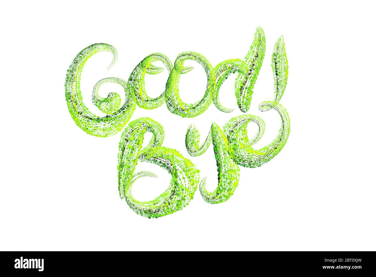 Wort Schriftzug Good Bye von frischen grünen Bio-Kreisen gemacht Von Konfetti-Partikeln isoliert auf weißem Hintergrund Stockfoto