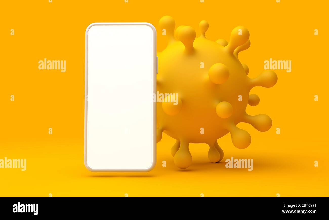 Smartphone mit einem Coronavirus-Molekül. Kontaktverfolgung Konzept. 3D-Rendering Stockfoto
