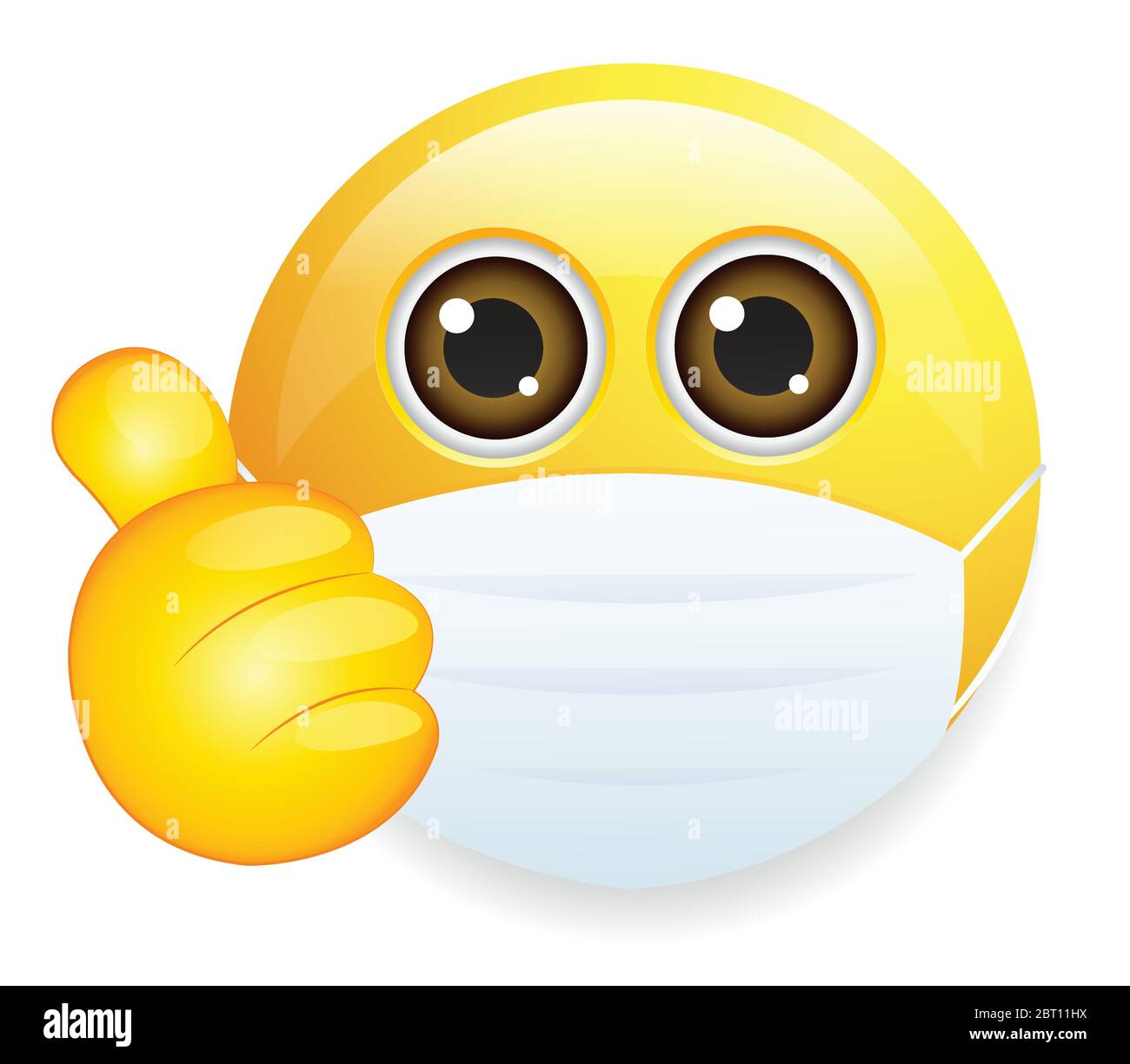 Hochwertiges Emoticon auf weißem Hintergrund. Emoji mit Daumen nach oben und Maske. Gelbe kranke Emoji tragen medizinische Maske zu schützen Stock Vektor