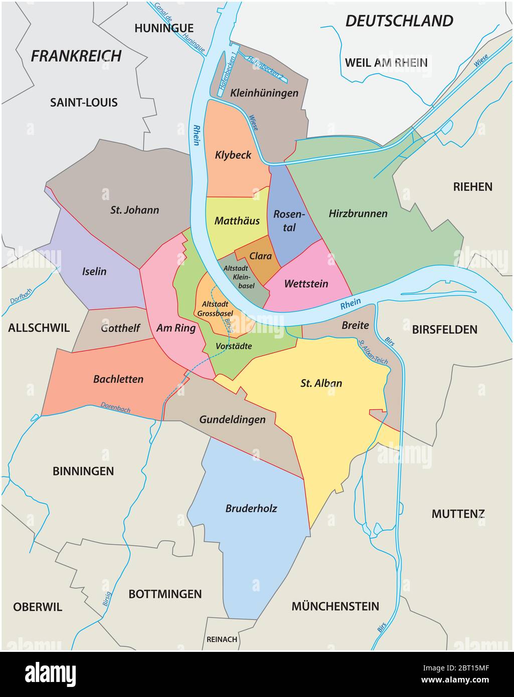 Administrative Vektorkarte der Bezirke von Basel in deutscher Sprache, Schweiz Stock Vektor