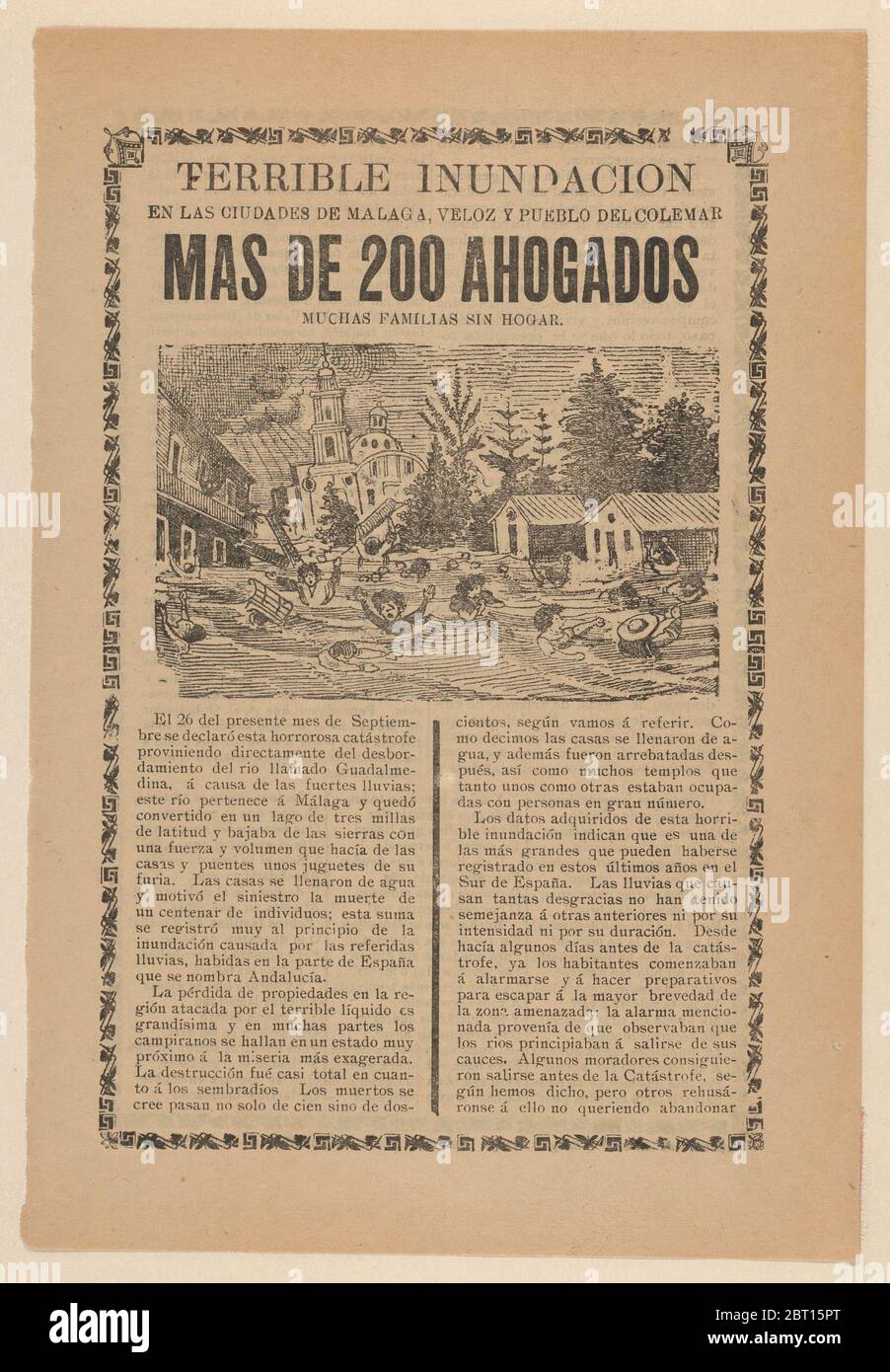 Broadsheet über die schreckliche Flut in den Städten Malaga, Veloz und Pueblo del Colemar, wo mehr als 200 ertrunken sind, 1907. Stockfoto