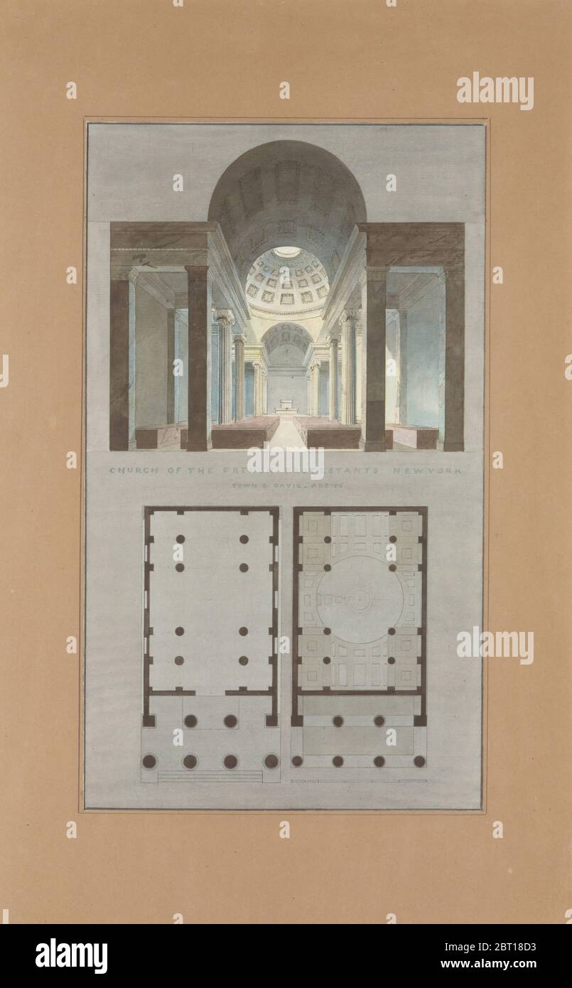 Kirche der französischen Protestanten (Eglise Fran&#xe7;ais du Saint Esprit), New York (Abschnitt und Plan), 1831-34. Stockfoto