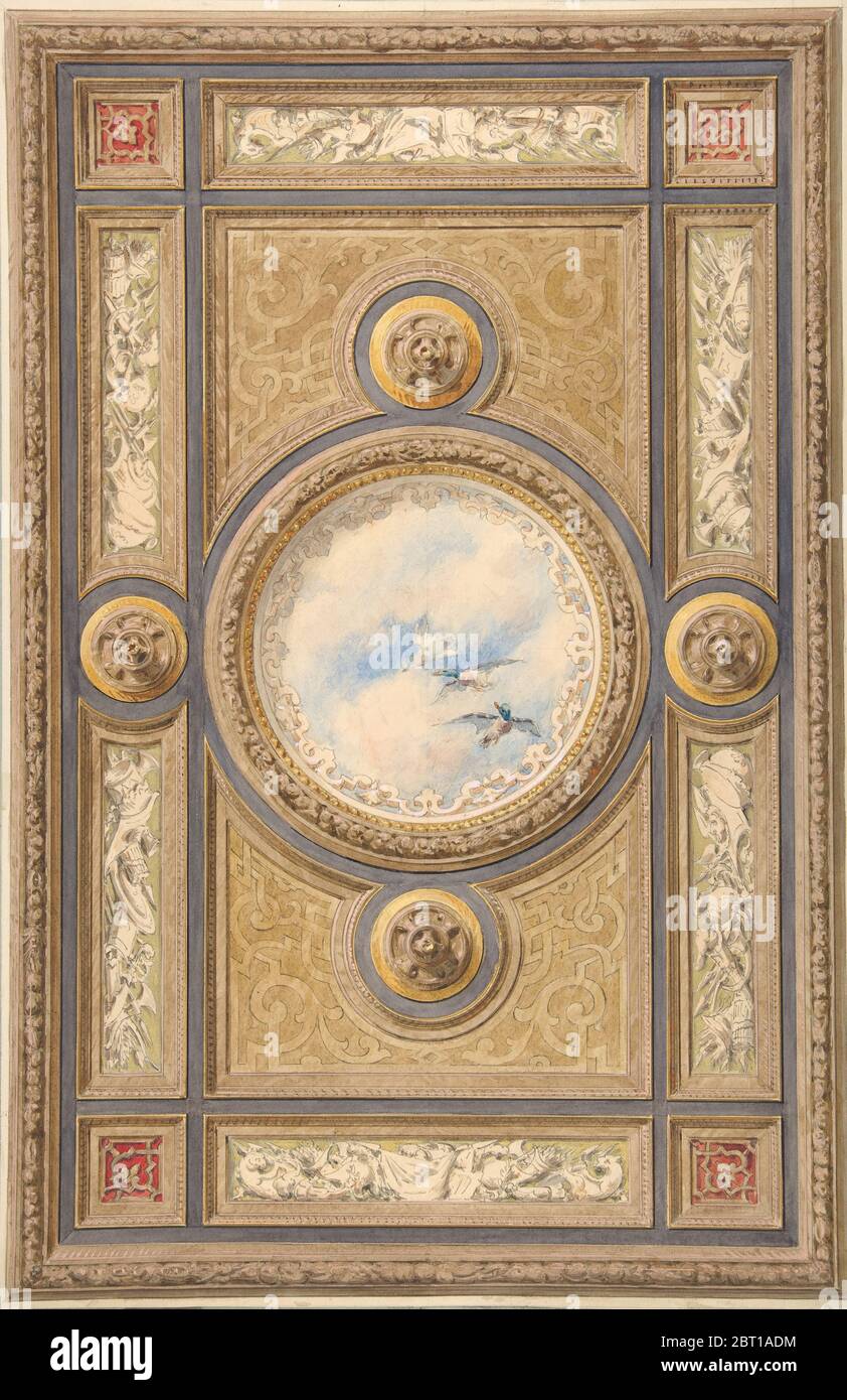 Entwurf für eine geschnitzte und bemalte Decke mit Wolken und Enten in der zentralen Rundtafel, 1830-97. Stockfoto