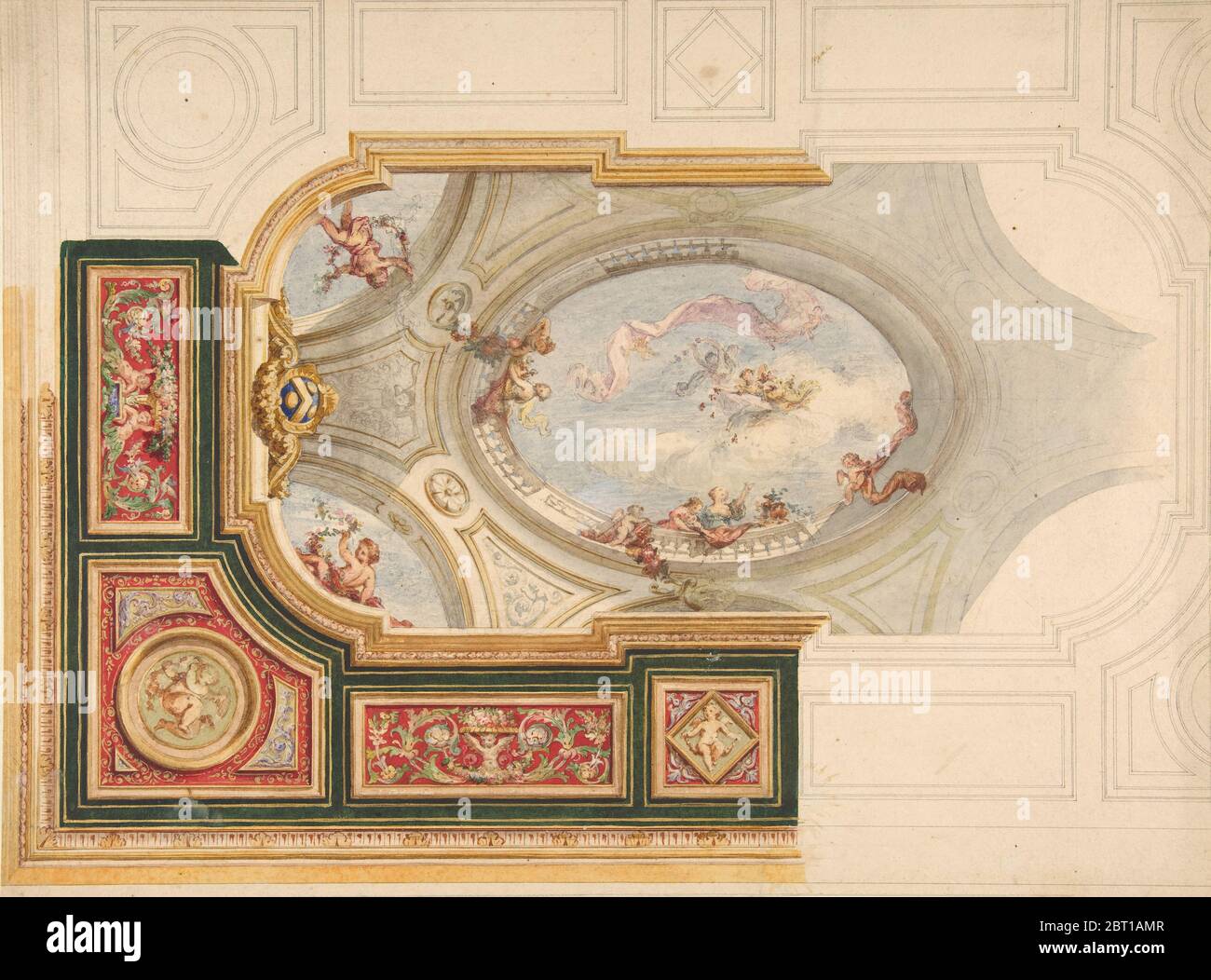 Entwurf für eine Decke im Barockstil mit einer zentralen Tafel in Trompe l'oeil, 19. Jahrhundert. Stockfoto