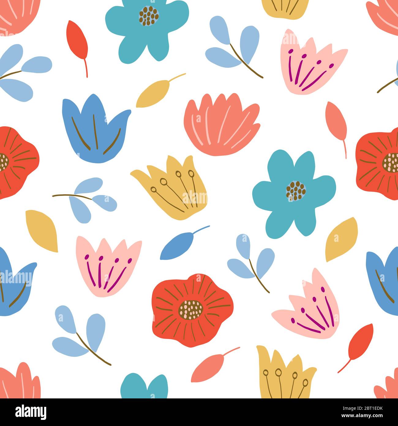 Nahtloses Muster auf weißem Hintergrund, rosa, blaue und rote Blumen, gelbe Blätter in Vektorgrafiken. Für die Gestaltung von Karten, Abdeckungen für Notebooks Stock Vektor