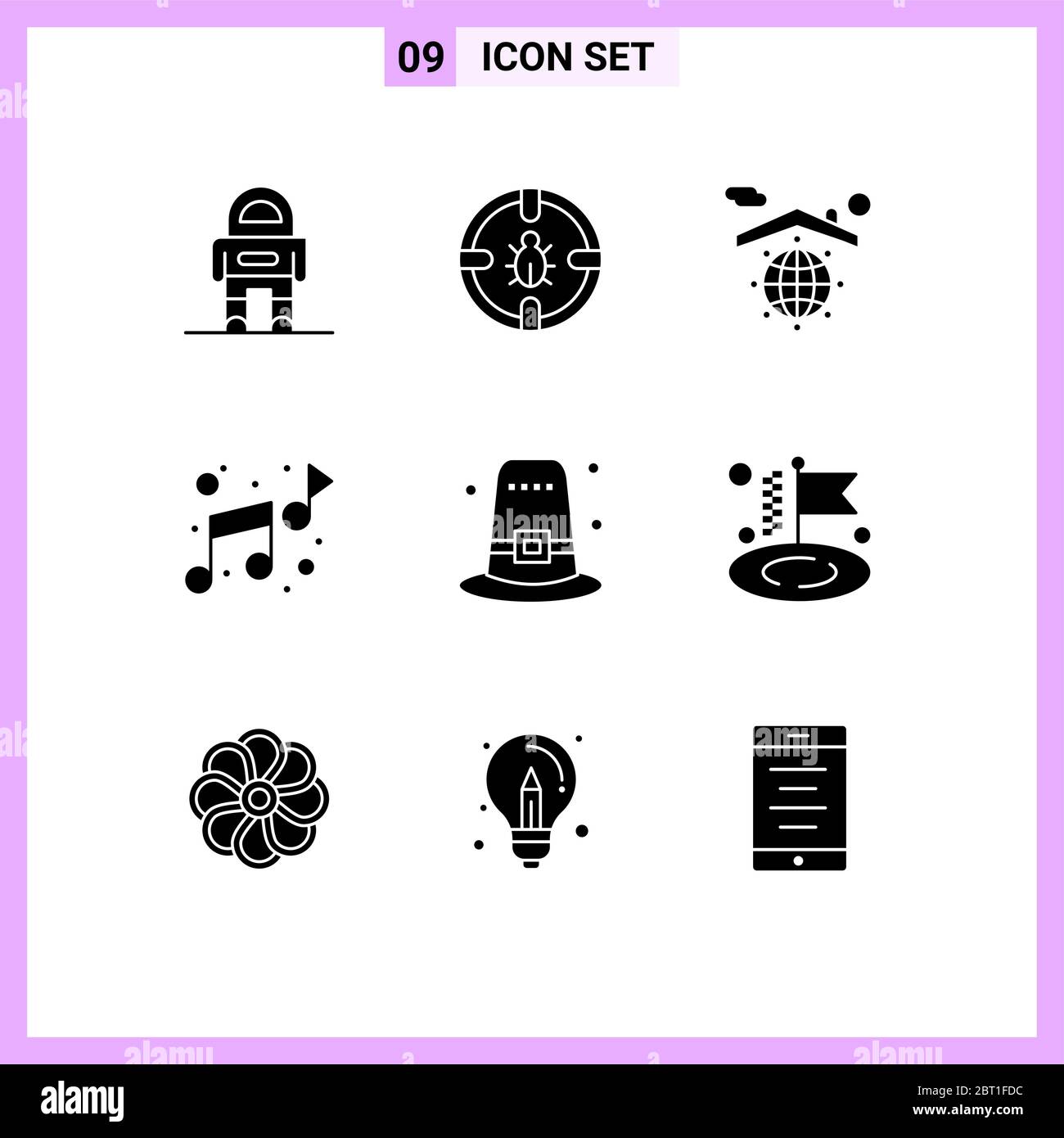 Modernes Set von 9 Solid Glyphen und Symbole wie Hut, Sound, Sicherheit, Notiz, sicher editierbare Vektor Design-Elemente Stock Vektor