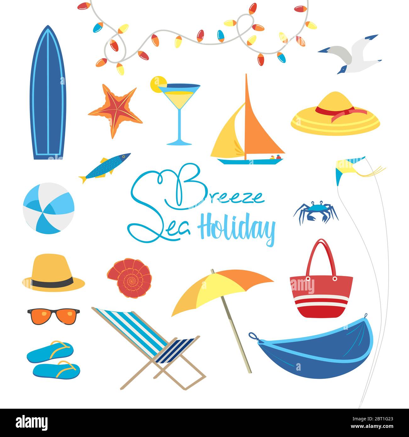Sommer Meer Strand Urlaub Aktivität Vektor-Symbol gesetzt. Freizeit Relax Design Element Kollektion. Meer genießen Hintergrund. Urlaub Zeit niedlichen Cartoon Zeichen Stock Vektor