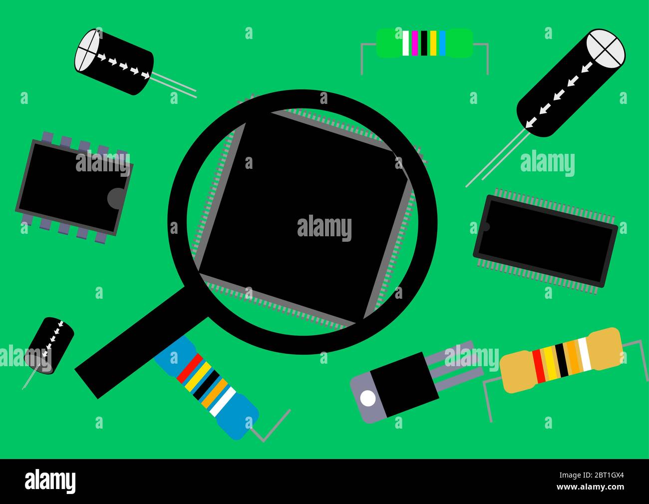 Elektronische Bauteile und Lupenvorlage für Text. Stock Vektor