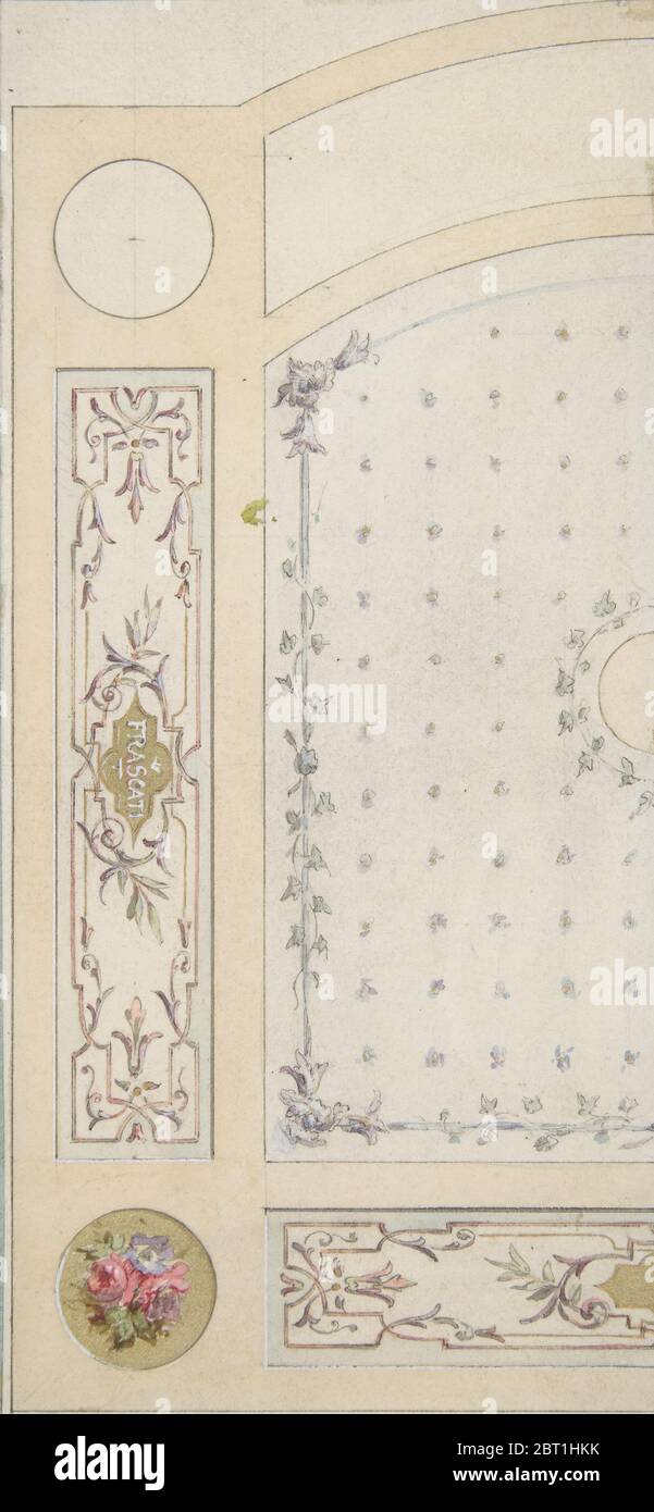 Design für bemalte Dekoration von Wand- oder Deckenplatten, einschließlich des Wortes "Frascati", zweite Hälfte des 19. Jahrhunderts. Stockfoto