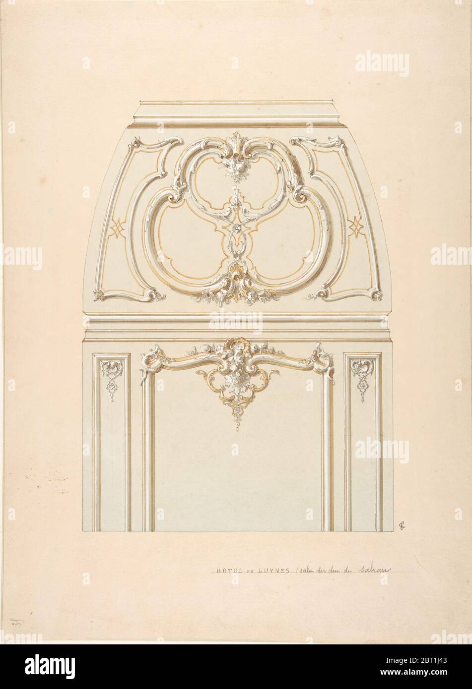 Design für Rokoko-Stil Wand und Bucht Ornament im Salon des Hotel de Luynes, im Besitz des Duc de Sabran, zweite Hälfte 19. Jahrhundert. Stockfoto