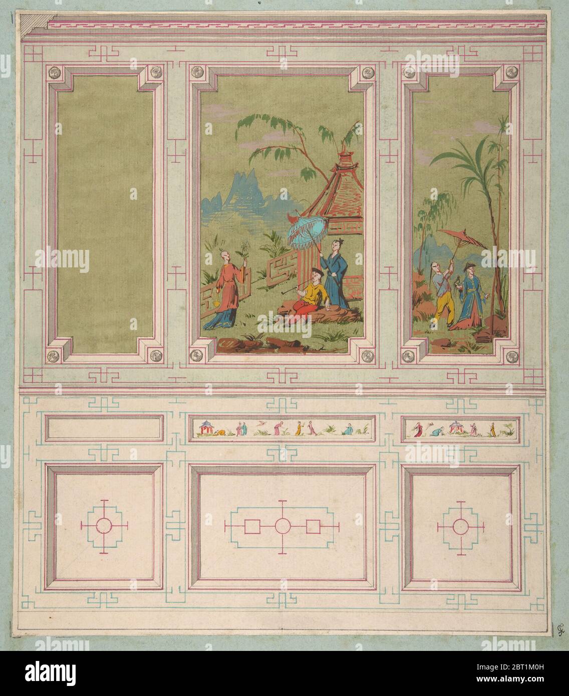 Design für Wandpaneele mit Chinoiserie Szenen, zweite Hälfte des 19. Jahrhunderts dekoriert. Stockfoto