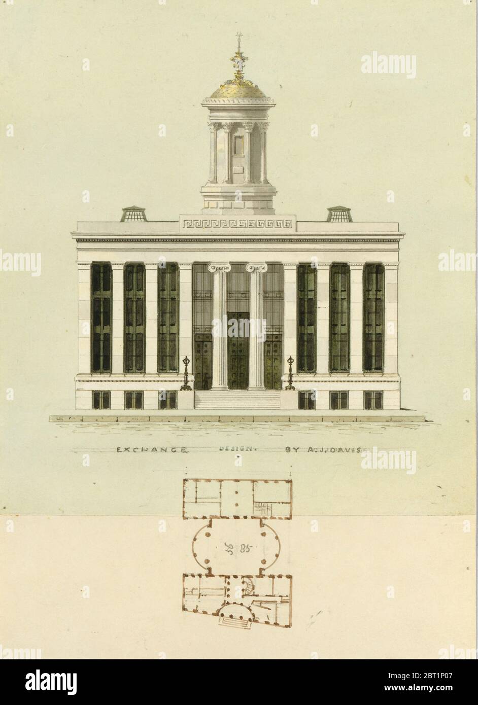 Fa&#xe7;Ade Design und alter Plan für die erste Handelsbörse, New York (nicht ausgeführt; vordere Erhebung und Plan), ca. 1829. Stockfoto