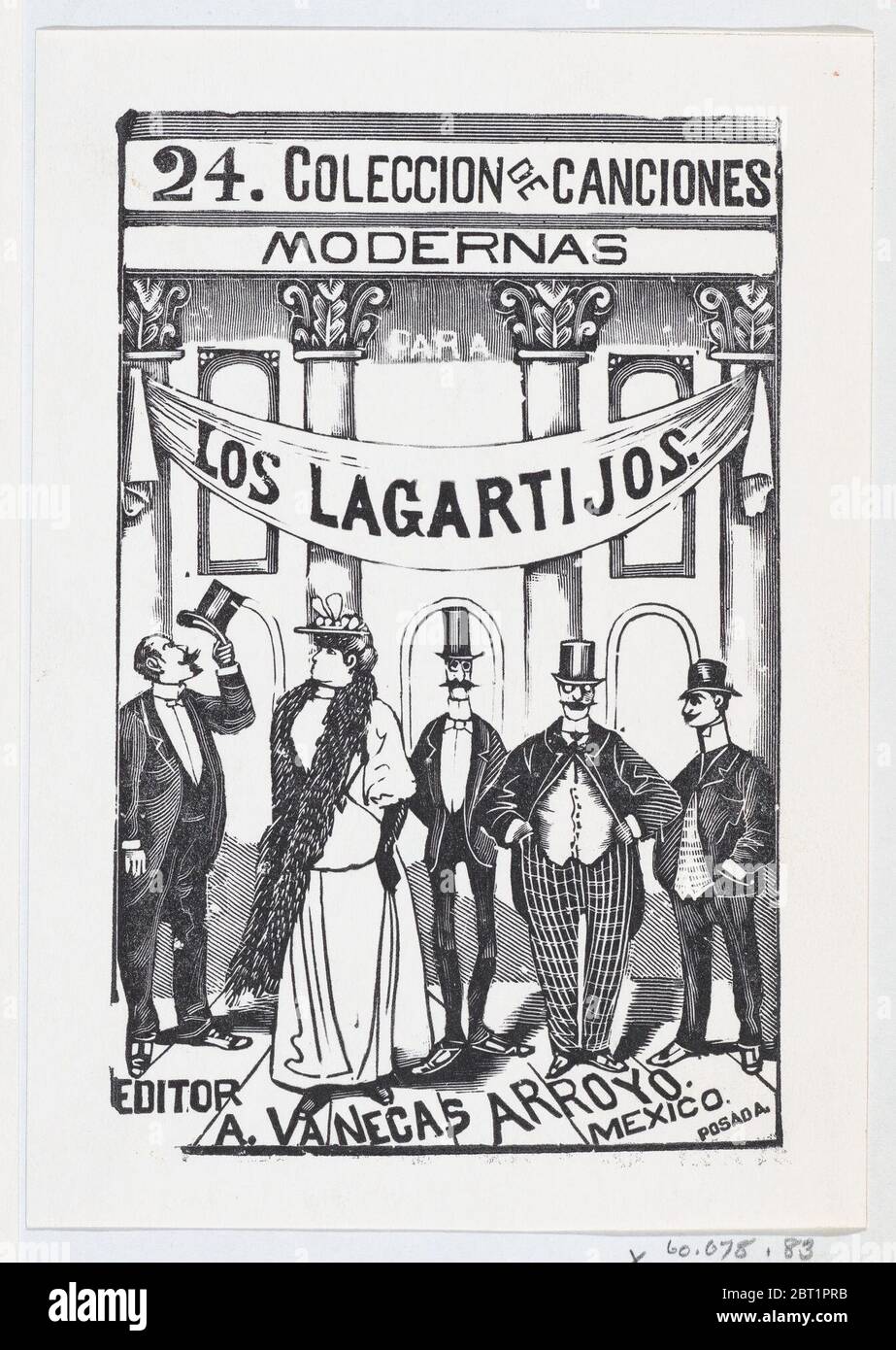 Vier Männer und eine Frau in feiner Kleidung stehen in einer Linie unter einem Banner, Illustration für 'Los Lagartijos (die Dandys)', ca. 1880-1910. Stockfoto