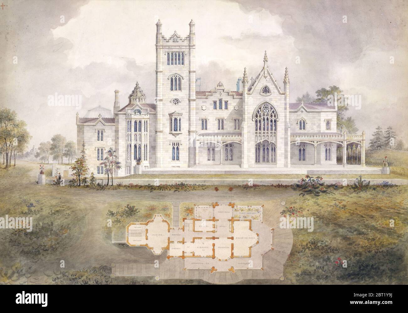 Lyndhurst für George Merritt, Tarrytown, New York (westliche [hintere] Höhe und Plan), 1865. Stockfoto