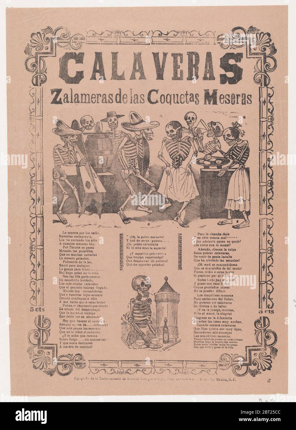 Skelette (calaveras) tanzen und trinken, Corrida im unteren Bereich, ca. 1910. Stockfoto