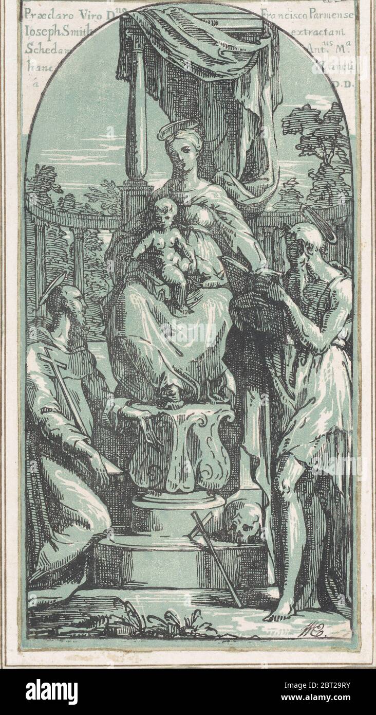 Die Jungfrau und das Kind thronten, der heilige Hieronymus unten rechts, der heilige Franziskus unten links, vor 1749. Stockfoto