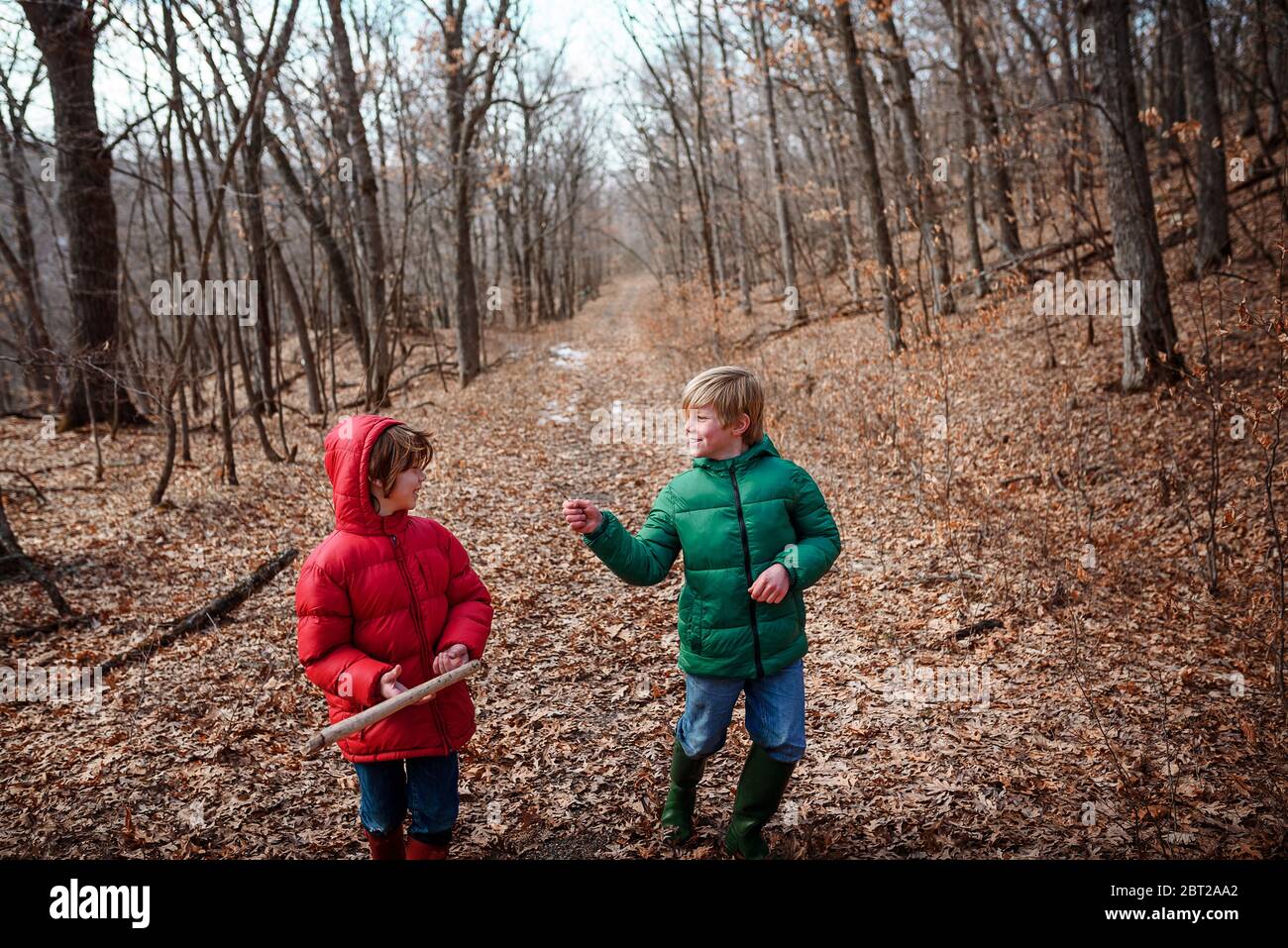 Zwei Jungen, die durch einen Herbstwald laufen, USA Stockfoto