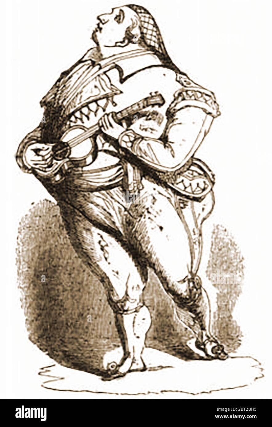 Ein Karikaturporträt von 1842, in dem die Sängerin Lablache 1842 im Theater ihrer Majestät in London, England, singt. Luigi Lablache ( 1794 – 1858) war ein italienischer Opernsänger französischer und irischer Abstammung. Er war vor allem für seine komischen Performances und seine Schauspielerei bekannt. In seinen jüngeren Tagen studierte er Gesang & Violine. Er war ursprünglich ein Altip, entwickelte aber eine kraftvolle und agile Bassstimme. Die Oper Elisa e Claudio wurde 1821 von Saverio Mercadante speziell für ihn geschrieben. Interessanterweise war der Filmschauspieler Stewart Granger sein Ururenkel Stockfoto