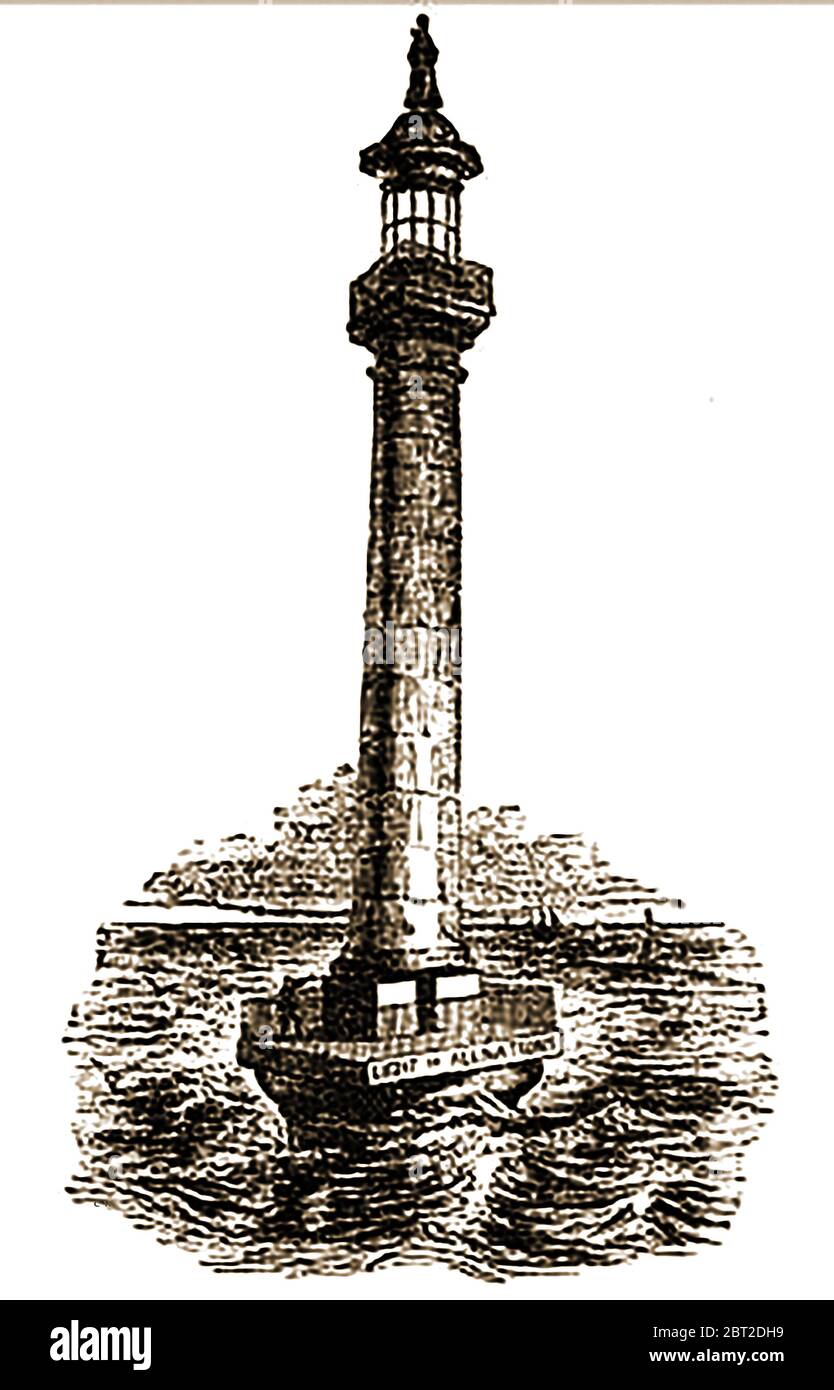 1842 Illustration des unglücklichen "Lichts aller Nationen", der Leuchtturm, der damals von Bauingenieur "Mr Bush" auf Goodwin Sands (England) errichtet wurde. Sein gusseiserner Caisson wurde von einem Schiff (der Nancy) getroffen, das bereits in der Nacht in Schwierigkeiten war und später sank der Caisson allmählich in den Sand, so dass das Projekt aufgegeben wurde. Das vorgeschlagene Gebäude sollte eine 125 Fuß hohe dorische Säule sein, die eine 12 Fuß Laterne und oben eine Statue von Königin Victoria stützt, die ein Zepter hält, das als Blitzableiter fungieren sollte. Stockfoto