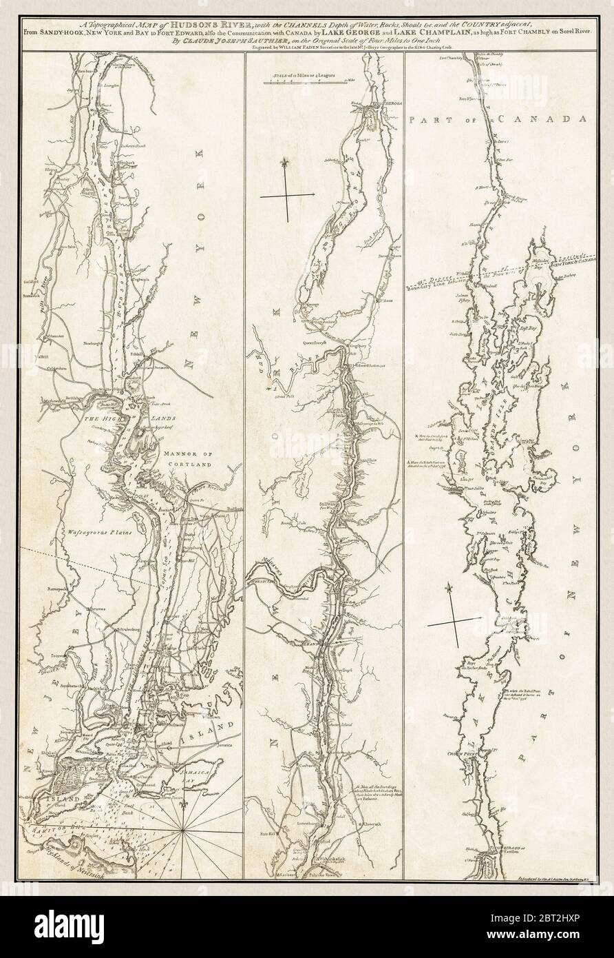 'Eine topographische Karte von Hudsons River...' Karte zeigt wichtige Sehenswürdigkeiten. Dies ist eine wunderschöne detaillierte historische Kartenwiedergabe, die von dem berühmten Kartographen William Faden veröffentlicht wurde und um 1777 entstand, aber das Datum ist fraglich.Diese Karte hat drei Abschnitte auf einem Blatt. Stockfoto