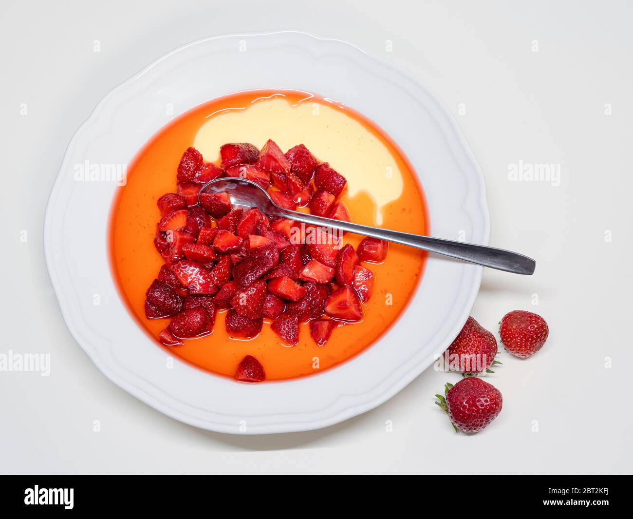 Erdbeeren auf Vanillepudding gezuckert. Gartenerdbeere der Unterfamilie Rosoideae, Gattung Fragaria Stockfoto