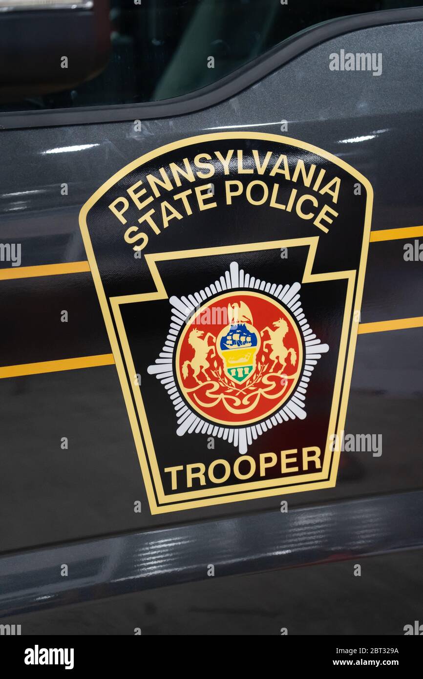 Harrisburg, PA / USA - 8. Januar 2020: Das Emblem des Pennsylvania State Police Trooper, ausgestellt auf der jährlichen PA Farm Show. Stockfoto