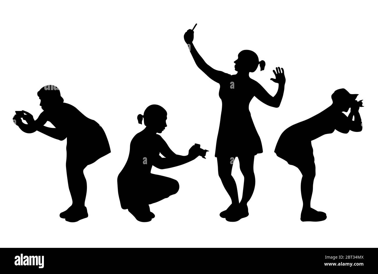 Vektor Silhouette von weiblichen Fotografen, die ein Foto im Urlaub in einer anderen Position. Stock Vektor