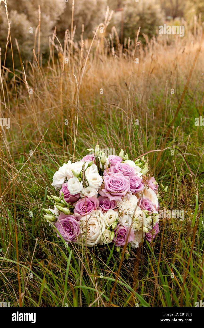 Brautstrauß in violetten und weißen Tönen von Rosen und Eustoma, Stockfoto