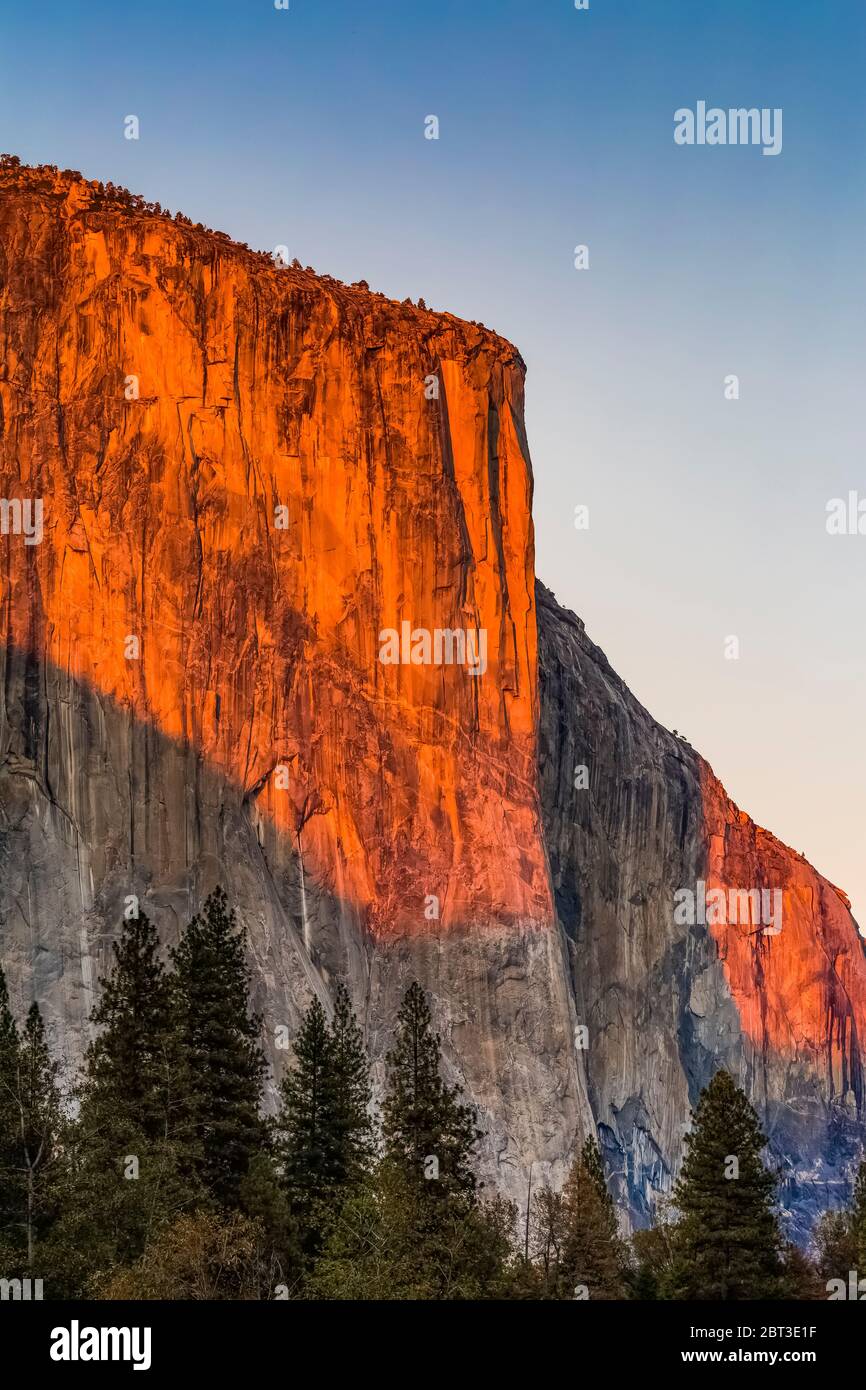 Der Monolith von El Capitan fotografiert am späten Nachmittag Herbstlicht von einer Kurve im Merced River im Yosemite Valley, Yosemite National Park, Cal Stockfoto