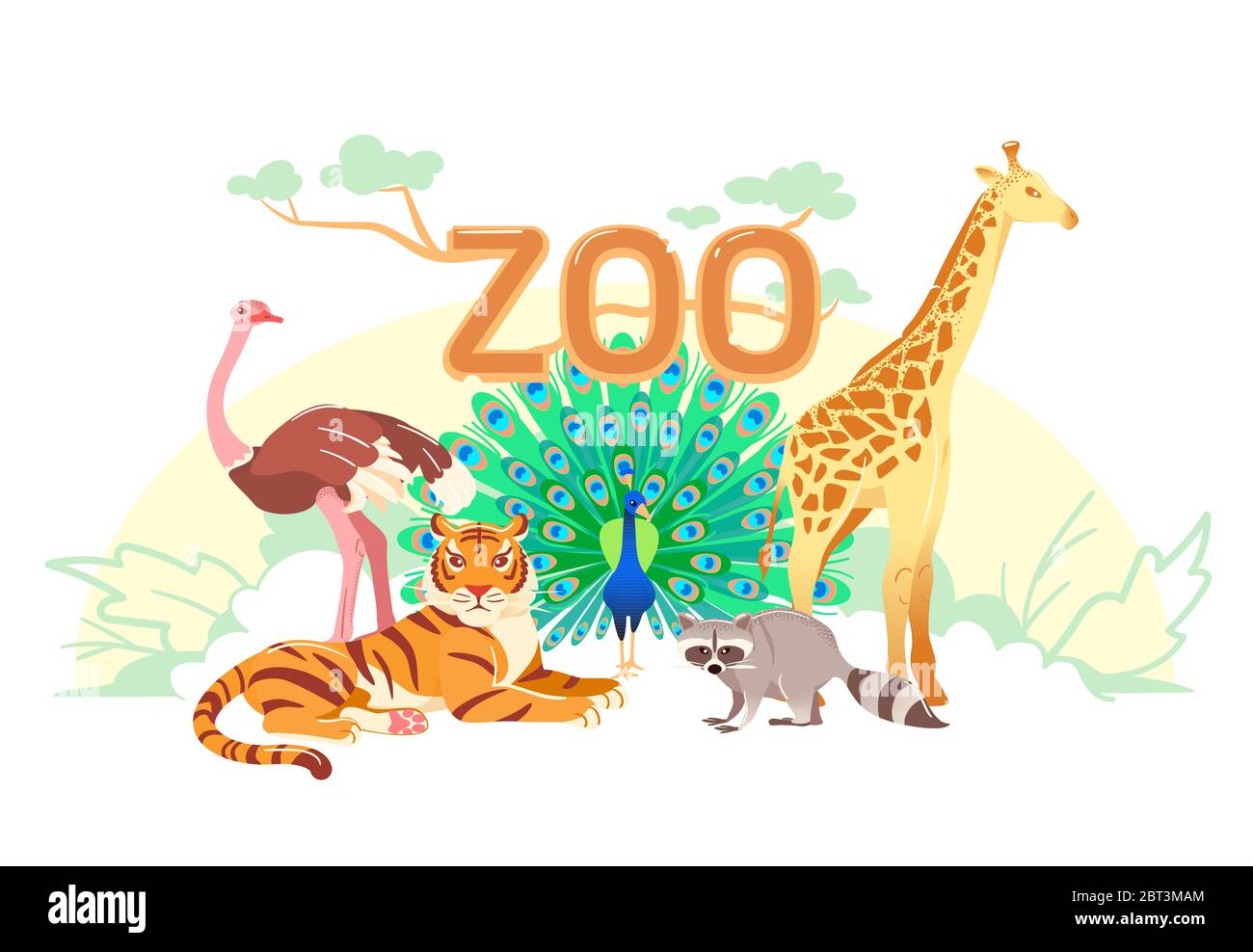 Zoo flaches Webbanner. Gruppe von Cartoon-Tieren auf weißem horizontalen Cover oder Social-Media-Header. Strauß Giraffe Tiger Waschbär Pfau einfache Natur Poster. Exotische Tier Vektor-Karte. Kinderpostkarte Stock Vektor