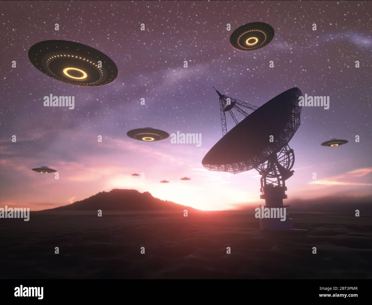 Alien Invasion, Illustration. Schwarm von nicht identifizierten Flugobjekten (UFOs) über einer Satellitenschüssel. Stockfoto