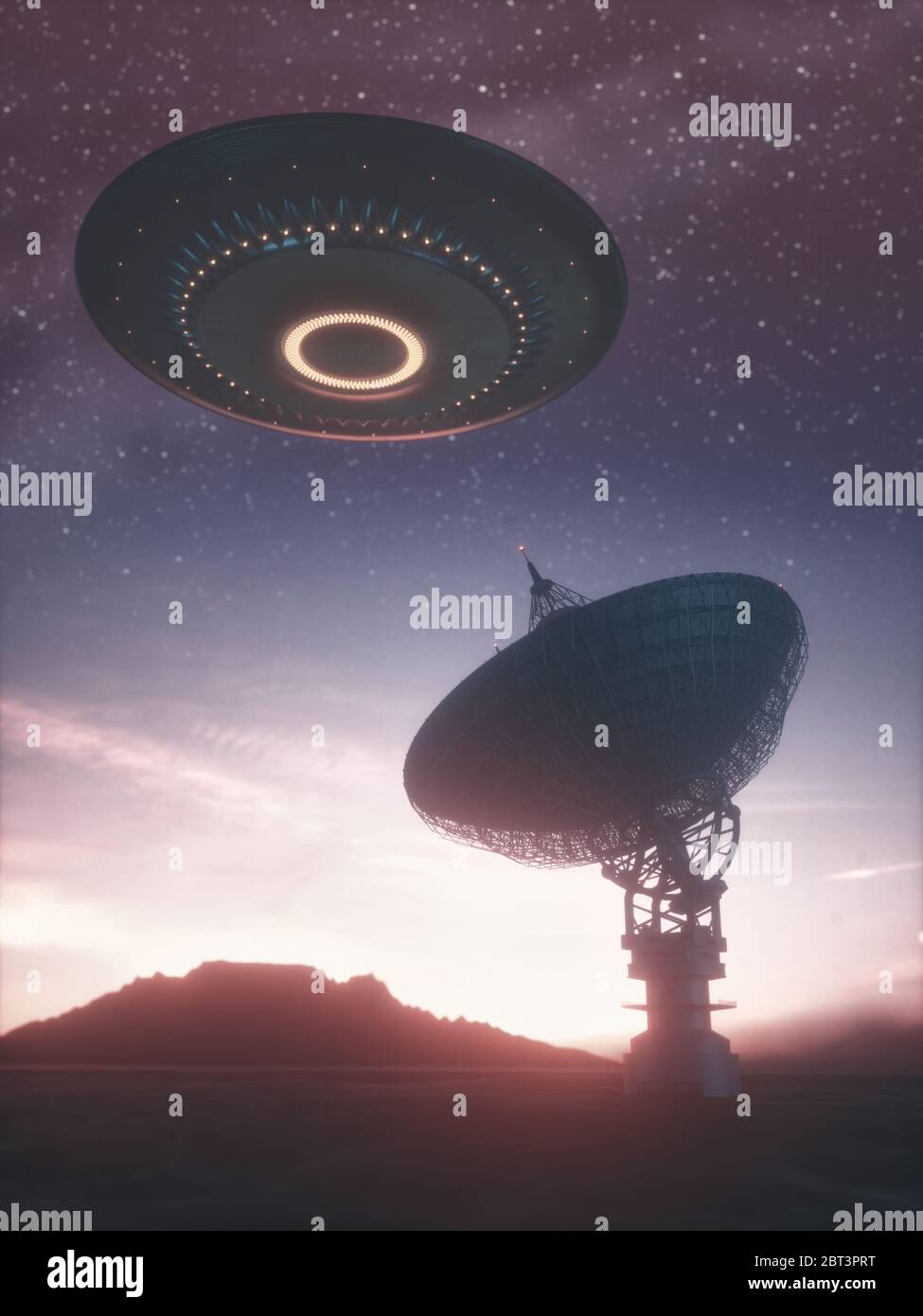 Alien-Kontakt, konzeptionelle Illustration. Nicht identifiziertes Flugobjekt (UFO) über einer Satellitenschüssel. Stockfoto