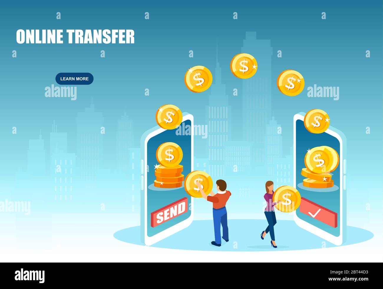 Vektor eines Mannes, der Online-Geld über eine Handy-App an eine Frau übergibt Stock Vektor