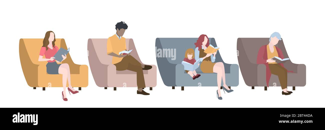 Vektor einer vielfältigen Gruppe von Menschen Bücher lesen sitzen auf einem Sessel oder Sofa Stock Vektor