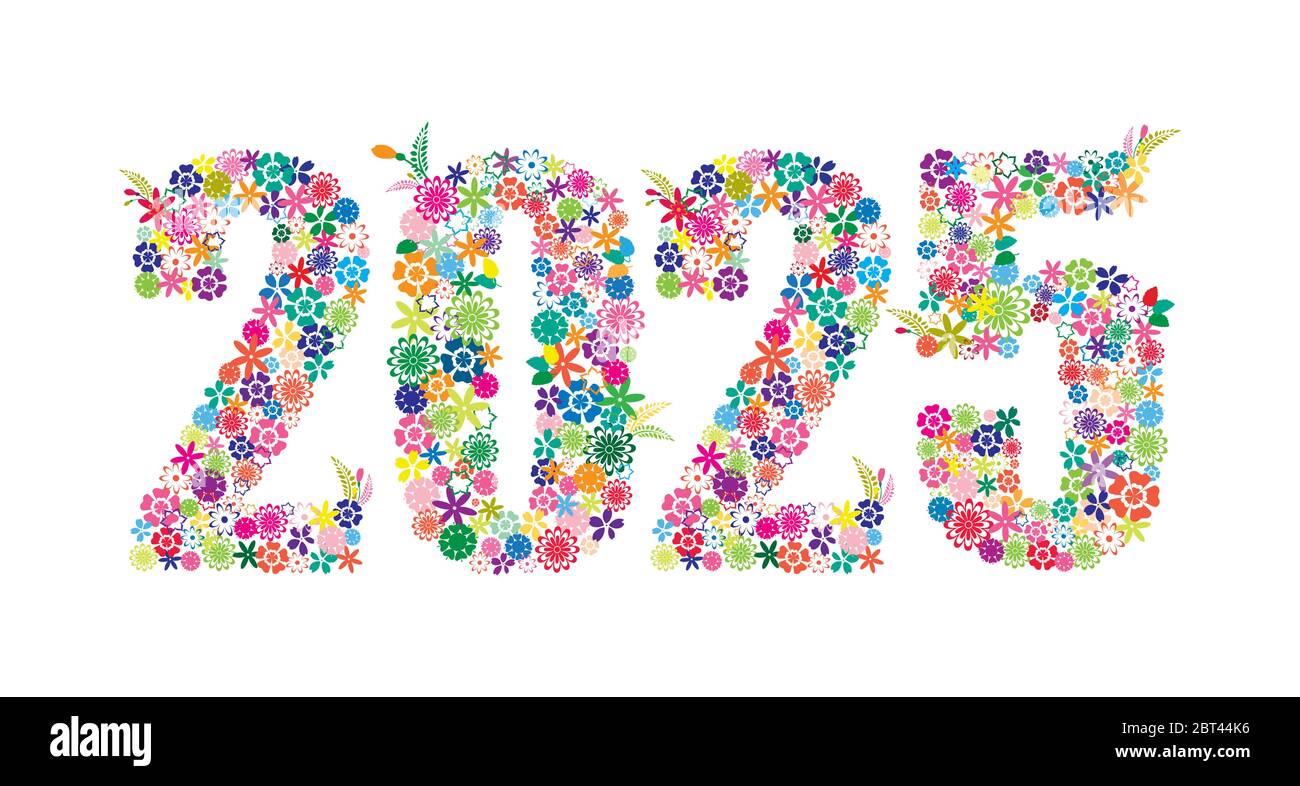 Frohes neues Jahr 2025 Bunte Floral Design isoliert auf weißem Hintergrund Vektor Illustration. Stock Vektor