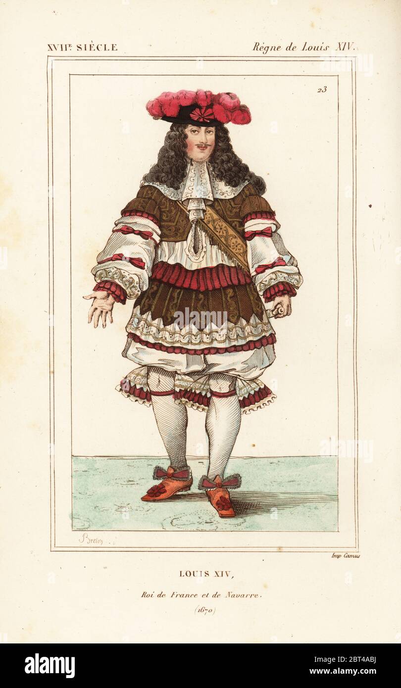 König Ludwig XIV., ROI de France et de Navarre, 1670. Handkolorierte Lithographie von Breton nach einem Porträt in Roger de Gaignieres' Galeriemappe X 50 aus Le bibliophile Jacob aka Paul Lacroix's Costumes Historiques de la France (Historische Kostüme Frankreichs), Administration de Librairie, Paris, 1852. Stockfoto