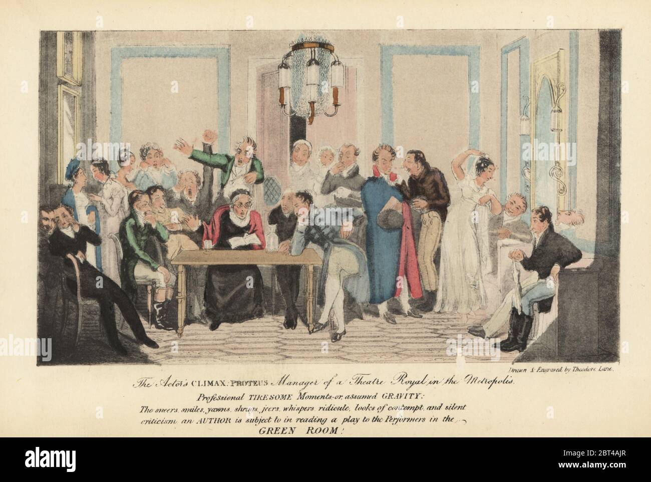 Regency Schauspieler, die im Grünen Raum durchlesen. Die Schauspieler Climax: Proteus, Manager eines Königlichen Theaters in der Metropole. Handkolorierter Stich von Theodore Lane aus Pierce Egans The Life of an Actor, Pickering und Chatto, London, 1892. Stockfoto