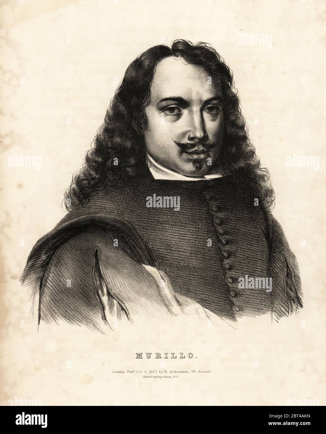 Bartolome Esteban Murillo, Spanischen Barock Maler, 1618-1682. Lithographie nach einer Zeichnung von HVH - von Porträts der berühmtesten Maler aller Schulen, Ackermann, London, 1827. Stockfoto