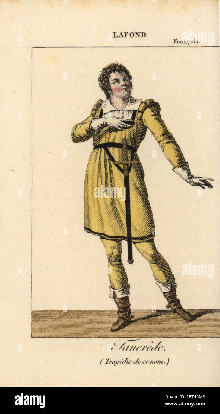 Französische Schauspieler Lafond oder Pierre Lafon 1773-1846 als Tancrede in der Tragödie in der Musik Tancrede von Andre Campra im Theater Francais, 1818. Papierkörbe Kupferstich von Karls Malo Almanach des Brille parK.Y.Z, Chez Louis Janet, Paris, 1819. Stockfoto