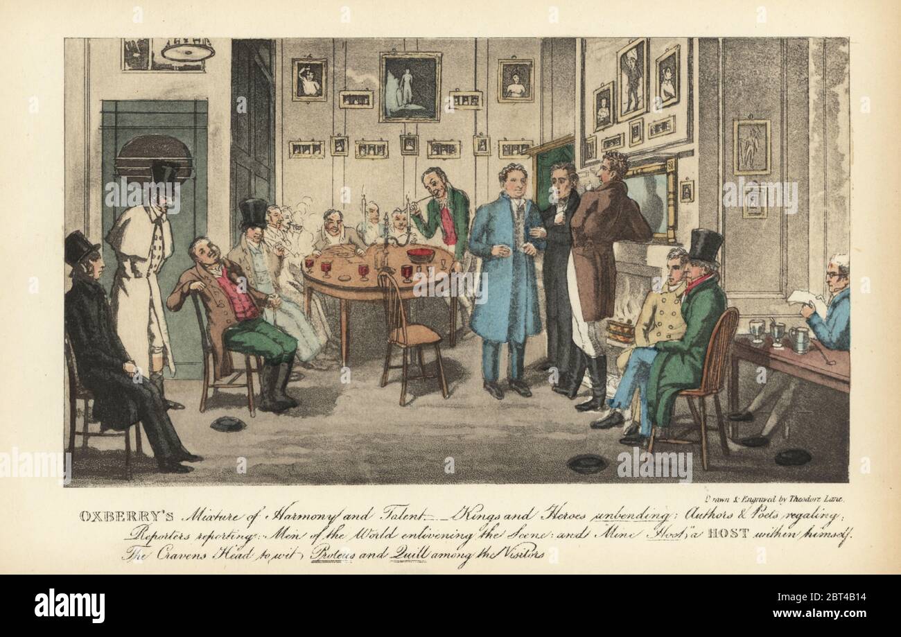 Regency Schauspieler, Reporter und Autoren im Oxberrys Literatur- und Theaterklub, The Cravens Head chophouse, Drury Lane, London. Der Gastgeber ist Schauspieler und Verleger William Oxberry.. Die Wände sind mit Porträts von Londoner Schauspielern dekoriert. Oxberrys Mischung aus Harmonie und Talent. Handkolorierter Stich von Theodore Lane aus Pierce Egans The Life of an Actor, Pickering und Chatto, London, 1892. Stockfoto