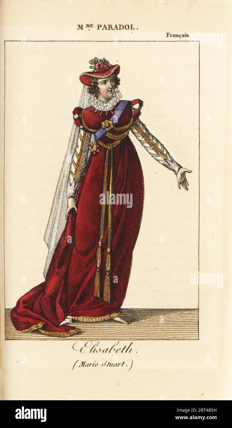 Die französische Schauspielerin Mme. Anne Catherine Lucinde Paradol (1798-1843) als Elisabeth in Maria Stuart von Friedrich Schiller im Theater Francais. Papierkörbe Kupferstich von Karls Malo Almanach des Brille parK.Y.Z, Chez Louis Janet, Paris, 1821. Stockfoto