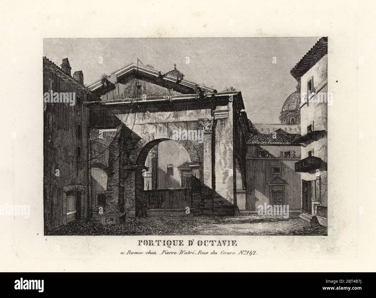 Blick auf die Ruinen der Vorhalle des Octavian, Porticus Octaviae, Rom. Kupferstich von Pietro Datri's Neue Sammlung der wichtigsten Aussicht auf Rom Antike und Moderne mit den Ruinen des Krieges, Rom, 1849. Stockfoto